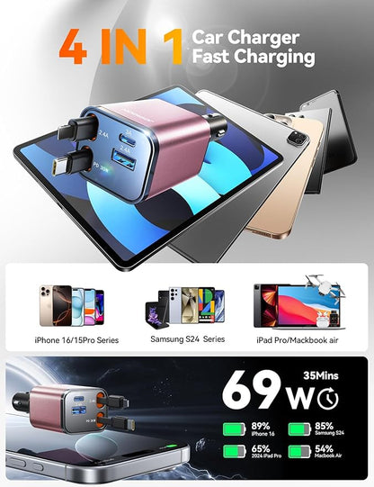 [2025 Upgrade] Retractable Car Charger 4 in 1 [69W Car Charger USB C] iPhone 16 Car Charger Fast Charging, Car Accessories, Car Phone Charger Adapter for iPhone 15 Pro Max, Pixel [Pink]
