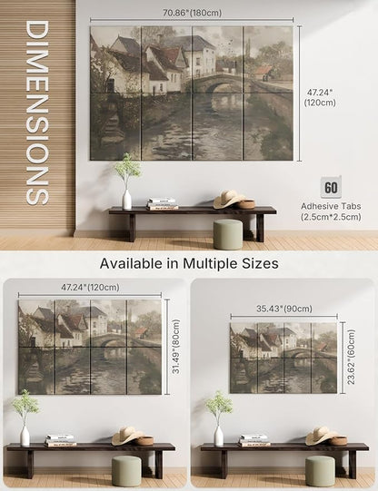 Wall Art Acoustic Panels,70''×47''Sound Absorbing Panels-8-Pack with 60 Adhesive Tabs, Panels for Living Room and Recording Studio, Offices-Small Town Near La Panne