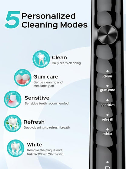 COSLUS Sonic Electric Toothbrush for Adults: 47000 VPM for Deep Cleaning & Whitening with Travel Case - 5 Modes for Sensitive Teeth & Braces, Wireless Charging, 6 Brush Heads, Black & Pink (2PCS)