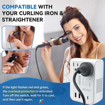DOACE 220v to 110v converter 350W voltage converter us to europe for Hair Straightener/Curling Iron Converter for European Travel with 4-port USB Charging and UK/AU/US/EU Worldwide Plug Adapter, White