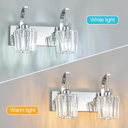 FDPBY Modern Bathroom Vanity Light, 2-Light Chrome Wall Sconce with Crystal Accents, Over Mirror Bathroom Lighting Fixture, 13.77" Long Dimmable Vanity Lamp for Makeup, Easy Installation