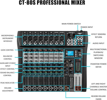 6 Channel Professional Audio Mixer with 48V Phantom Power, USB Audio Interface, Bluetooth & MP3 Player, Sound Board for Podcast, Home Studio, Live Streaming & Recording