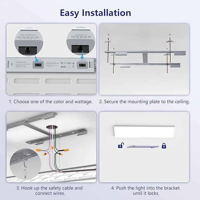 AIKVSXER 1x4 Led Flat Panel Light Surface Mount-4 Pack, 50W 5500Lm Dual Selectable 5CCT 3000K/4000K/5000K/5700K/6500K and Wattage 30-50W 0-10V Dimmable Ceiling Light Fixture for Kitchen/Laundry