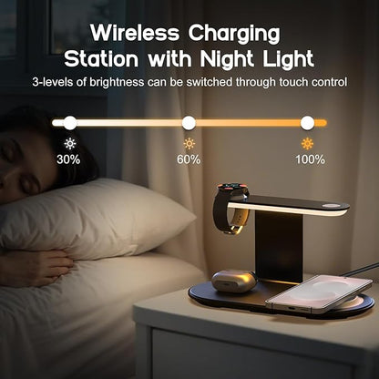 Aluminum 4-in-1 Charging Station for Samsung/Android with 3-Level Night Light, 18W Wireless Charger for Galaxy S25 Ultra/S24/S23/S22/Note 20,Galaxy Watch Ultra/8/7,Galaxy Buds 3 Pro(Black)