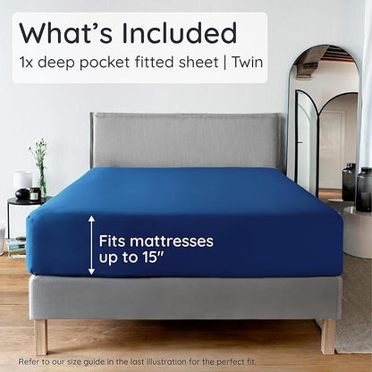 Bambaw 100% Viscose Derived from Bamboo Fitted Sheet Twin Size, Cooling Fitted Sheet Twin Size, 15’’ Deep Twin Size Fitted Sheets Only, Navy Blue Fitted Sheet Only, Soft Fitted Sheet (Navy Blue)