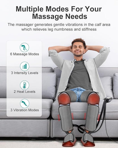 Nekteck Leg Massager for Circulation and Pain Relief, Air Compression Foot Calf Thigh Massager with 2 Heat and 3 Vibration Functions, 6 Modes 3 Intensities, Help for Muscles Relaxation