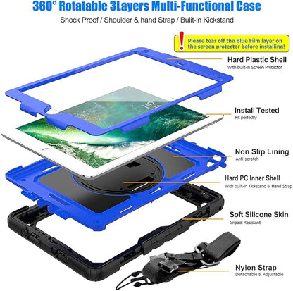SEYMAC stock Case for iPad 6th / 5th Generation Case/Air 2 / Pro 9.7 inch, Heavy Duty Protective with Screen Protector, with Pencil Holder, Hand Strap, Shoulder Strap, 360 Rotate Stand, Blue+Black