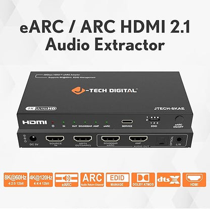 J-Tech Digital 8K HDMI Audio Extractor with eARC ARC 8K 60Hz 4K 120Hz, HDMI to Optical L/R Converter Adapter, HDCP 2.3 HDR CEC EDID [JTECH-8KAE]
