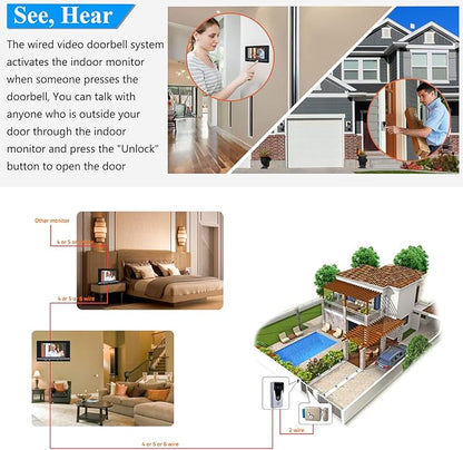 Wired Video Intercom System, 7 Inch Monitor and Aluminum Alloy Doorbell Camera, 2-Way Intercom Audio Video Doorbell Intercom Kits, Support Monitoring, Unlock indoor/outdoor for Home Security System