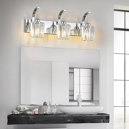 FDPBY Modern Bathroom Vanity Light, 3-Light Chrome Wall Sconce with Crystal Accents, Over Mirror Bathroom Lighting Fixture, 23.62" Long Dimmable Vanity Lamp for Makeup, Easy Installation