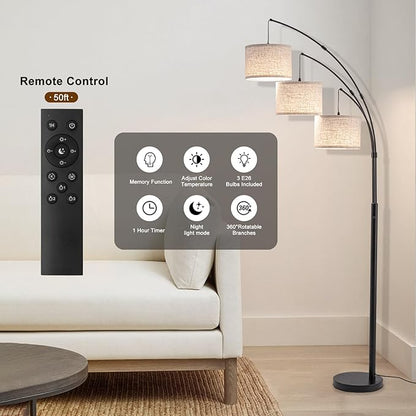 Fansdrick Floor Lamps for Living Room, 2400LM Super Bright Arc Floor Lamp with Remote Control, 3 Light Tall Floor Lamps with Stepless Dimmable, 80" Mid Century Tree Floor Lamp for Bedroom, Office