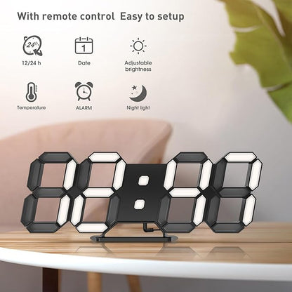 EDUP HOME 3D LED Clock Desk Alarm Clock Wall Clock with Remote Control, 9.7" LED Electronic Clocks, Snooze Model, Temperature, Night Light Auto/Custom Brightness