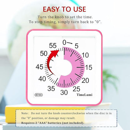TimeLumi 60-Minute Visual Timer for Kids, Time Management Tool Study Classroom Timer, Home Edition Silent Countdown Timer for Toddler, Teachers and Adults (Pink)