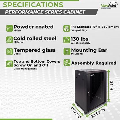 NavePoint 15U Server Cabinet Wall Mount Rack Enclosure with Caster Wheels, Includes 2 Fans, Locking Glass Door, Removable Side Panels – 15U Network Cabinet 17.7” Deep, 19”Server Rack for IT Equipment