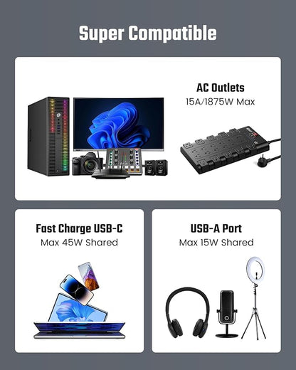 Surge Protector Power Strip, SUPERDANNY Charging Station 22 Outlets with 45W Type-C Fast Charging USB Ports, 4 USB-A, 2 USB-C, 2100J, 15A/1875W, 6.5Ft Flat Plug Extension Cord for Home Streaming Black