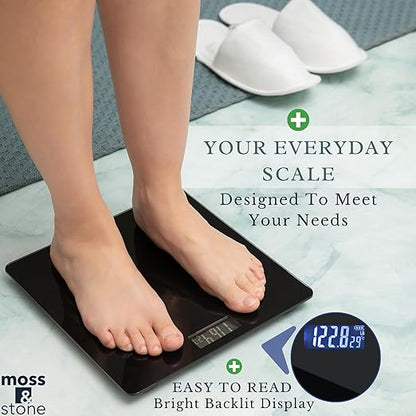 Moss & Stone Black Digital Bathroom Scale for Body Weight, Smart Step-On Technology, Backlit LCD Display, High Accuracy Weight Scale 400lb/180kg, Glass Slim Design, Auto On/Off, Home Use
