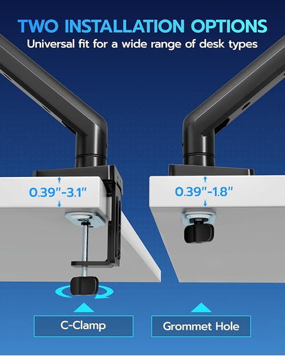 ARES WING Heavy Duty Single Monitor Arm - Fully Adjustable Monitor Mount for 40 34 32 27 Inch Ultrawide Screens Up to 26.4 lbs with Clamp/Grommet Desk Mount and USB A/C, 75/100 Vesa Mount, Black