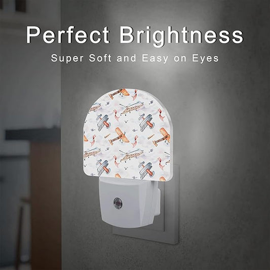 sndheke Funny Cartoon Airplanes Night Light, Retro Watercolor Planes Dusk to Dawn Night Light Plug in,0.5w Energy Saving Sleep Friendly NightLight for Kids Boys Girls Home Decor