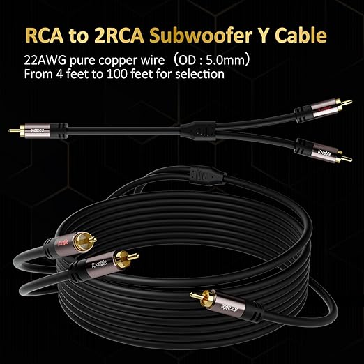 Kxable RCA Y-Adapter Splitter Cable 25 Feet, 1 RCA Male to 2 RCA Male Stereo Audio Subwoofer Cable, Bi-Directional, for Home Theater, Hi-Fi System, Amplifier, Speaker, 24K Gold Plated, OD:5.0MM