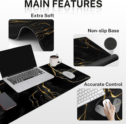 Britimes Black Gold Marble Keyboard Mouse Pad Set 4in1 Large Mousepad+Keyboard Wrist Rest+Mouse Wrist Rest+Coaster Ergonomic Design for Home Office Computer 35.4x15.7 inches