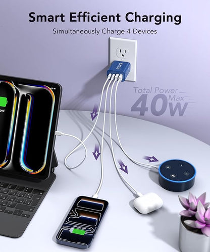 40W USB C Charger Block, 2-Pack 4-Port Type C Fast Charging Brick Dual PD&QC Wall Plug Adapter Power Brick for iPhone 13/14/15/16/17/Pro/Pro Max/Plus/iPad/Airpods/iwatch/Samsung Galaxy (Blue)