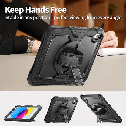 Ambison Case for iPad (A16) 11th/10th Generation 11"/10.9'' 2025/2022,Heavy Duty Shockproof Case with Tempered Glass Screen Protector, 360° Rotating Handle Strap&Stand,Shoulder Strap-Black