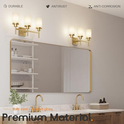 AONEON Bathrom Light Fixtures Modern Gold 3 Vanity Lights Over Mirror, Wall Lamps with White Frosted Glass Shade for Toilet Washroom Bath T001GD-L3