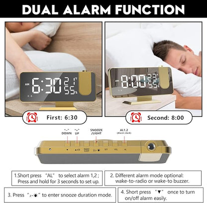 Mightree Projection Alarm Clock for Bedroom, Digital Alarm Clock with USB Charger, 7.4" Large LED Mirror Display Radio Alarm Clock, Dual Smart Alarm with Projection on Ceiling, Rich Gold