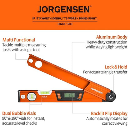 JORGENSEN Digital Angle Finder, Multi Angle Finder Tool with Backlit LCD, Protractor Digital Level with Horizontal & Vertical Bubble