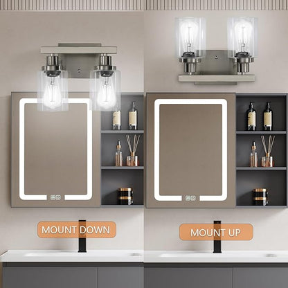 DIKAIDA Bathroom Vanity Light, 2-Light Nickel Modern Matte Wall Sconce Lighting with Clear Glass Shade, Wall Lights,Bath Vintage Wall Mounted Lamps for Mirror Bedroom Living Room