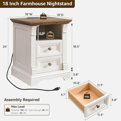T4TREAM Farmhouse Nightstand Set of 2, 18" End Table with 2 Drawers Storage, Wood Side Table w/Roman Column, Bedside Cabinet for Bedroom, Living Room, Antique White