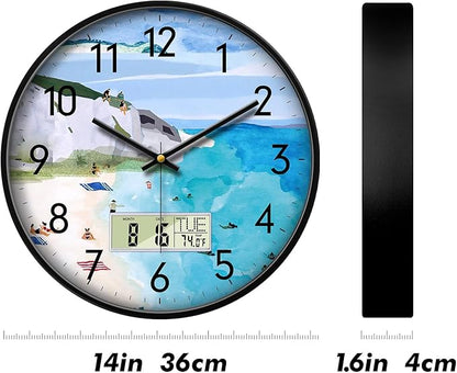 SCOAGE Silent Wall Clock with Temperature Day and Date Blue Mountain and Sea Beach Non-ticking Kitchen Clock Digital Large Display Battery Operated Clocks Decor for Bathroom Living Room Office 14 Inch