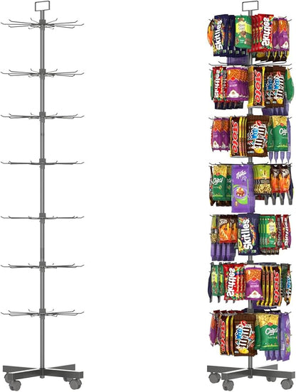 YEOOE Retail Display Racks 7 Tier Spinning Display Stand, Movable Shop Spinner Rack with Hooks, Retail Display Stand for Jewelry Keyring Hats Socks Toys (Black)