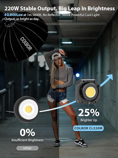 Video Light, COLBOR CL220M LITE 220W Continuous Output Lighting 2700-6500K CRI96+ 10,800Lux at 3.3ft COB Studio Light with 7 Light Effects Bowens Mount APP, Video-Light-Studio-LED-Photography