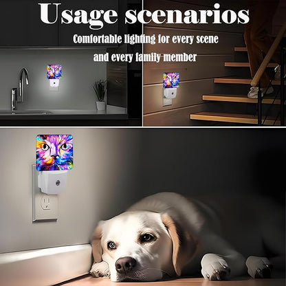 FSHVQKD Colorful Cat Face Night Light,Plug Into Wall Decor for Stairway,Hallway,Kitchen,Dusk to Dawn Sensor Nightlights for Boys/Girls/Women/Men Room Gifts