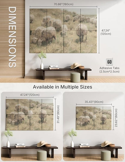 Wall Art Acoustic Panels,70''×47''Sound Absorbing Panels-8-Pack with 60 Adhesive Tabs, Decorative Sound Absorbing Panels for Living Room and Recording Studio, Offices-Hillside sheep