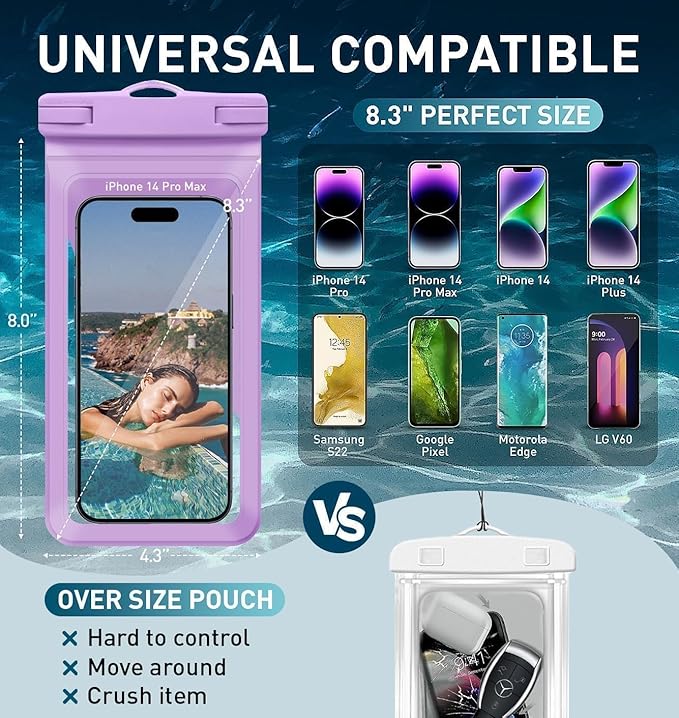 Universal Waterproof Phone Case, with Inside Card Holder, Large Dry Bag Compatible for iPhone 16 15 14 13 12 Pro Max XS Plus for Galaxy S22, IPX8 Beach Travel Essentials, 1 Pack-Purple-8.3″