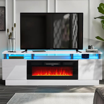 oneinmil Fireplace TV Stand with 36" Electric Fireplace,LED Light Entertainment Center,2 Tier TV Console Stand for TVs Up to 80",Fireplace for The Living Room TV Stand,White