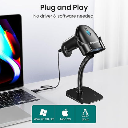 Anyeast 2D 1D Barcode Scanner : USB Wired Inventory QR Scanner with Stand for Computer POS MAC with Automatic Scanning, Handheld CMOS Image Bar Code Reader for Warehouse Library Supermarket