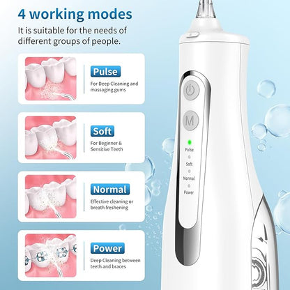 R REVA Cordless Oral Irrigator - 4 Modes Water Flosser for Teeth Cleaning, 300ML Reservoir, 360° Nozzle, IPX7 Waterproof, 2000mAh Rechargeable Battery, 4 Jet Tips, Smart Memory Function (M149 - White)