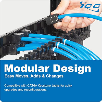 ICC 24-Port CAT6A Keystone 1U Patch Panel with CAT6A Keystone Jacks, 19” Rackmount Housing and Cable Support Bar, Staggered Ports to Reduce ANEXT, UL Listed PoE++ Compliant, ICMPP246AU