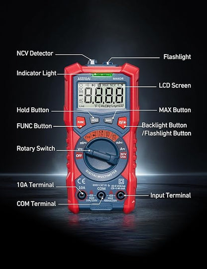 AstroAI Multimeter Tester, TRMS 4000 Counts Volt Meter Auto-Ranging Ohmmeter Digital 1.5v/9v/12v Battery Voltage Tester Measure Voltage Current Resistance Diodes Continuity Capacitance with NCV