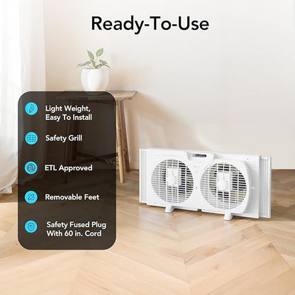 Comfort Zone Window Fan for Bedroom, 9 inch 3 Speed Dual Fans with Auto-Locking Expanders, Window Exhaust Fan, Removeable Bug Screen, White