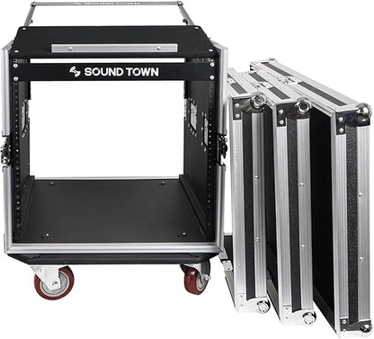 Sound Town Enhanced Thickness 1/2" (12mm) Plywood 10U Audio Rack/Road Case with 14U Slant Mixer Top, 25’’ Rackable Depth and Casters-Pro Tour Grade (STMR-DE10UW)