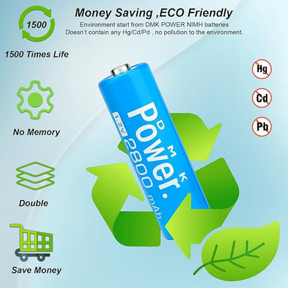 DMK POWER Rechargeable High Capacity Batteries 1.2V NiMH Low Self Discharge (AA Mixed Color 2800MAH (10 Pieces))