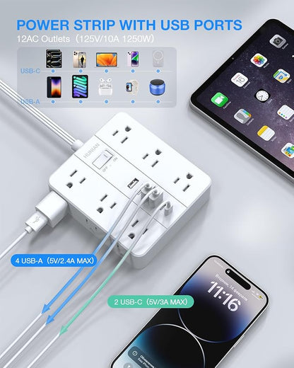 Flat Plug Power Strip Surge Protector, Flat Extension Cord Indoor 20 Feet， HUNIAN 12 Widely Spaced Outlets with 6 USB (2 USB C Ports), Desk Charging Station for Home Office Supplies, White