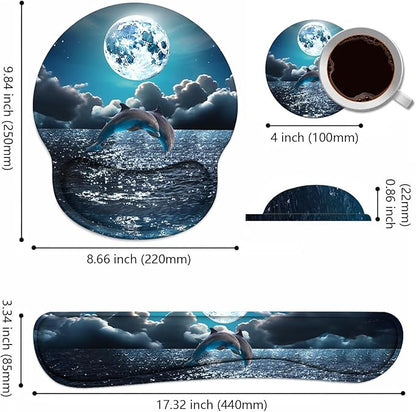 Keyboard Wrist Rest + Mouse Pad Wrist Support Set with Coasters, Non-Slip PU Base Ergonomic Mousepad for Home Office Working Studying Easy Typing & Pain Relief, Dolphin