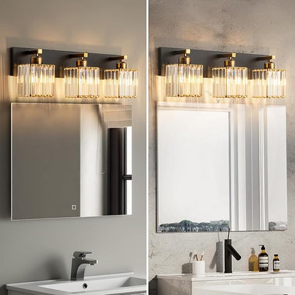 FDPBY Modern Bathroom Vanity Light 3-Lights Black Gold Crystal Bathroom Wall Light Vanity Light Fixtures，20.47-inch Modern Minimalist Design