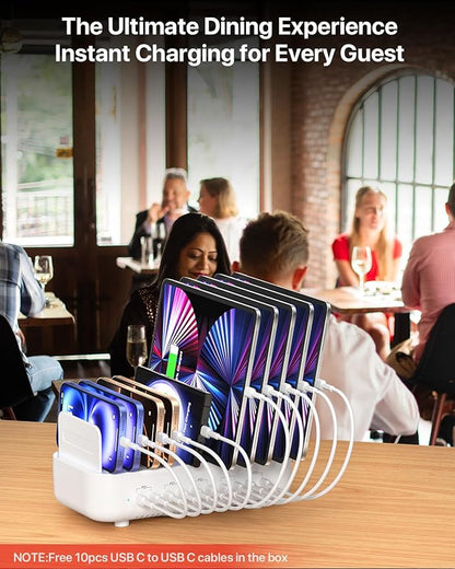 SooPii USB Charging Station,100W Fast Charging Station for Multiple Devices with 10pcs USB C Cables,10-Port Type C Phone Charger Station Organizer Compatible with lPad,Tablet,Kindle and More(White)