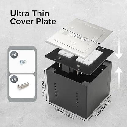 Vagueior Recessed Flat Hidden Floor Electrical Outlet Box Kit,Stainless Steel Cover with 4 * 20A Tamper-Resistant Receptacle Outlet and 5V/4.8A USB Port,UL Certified,Silver